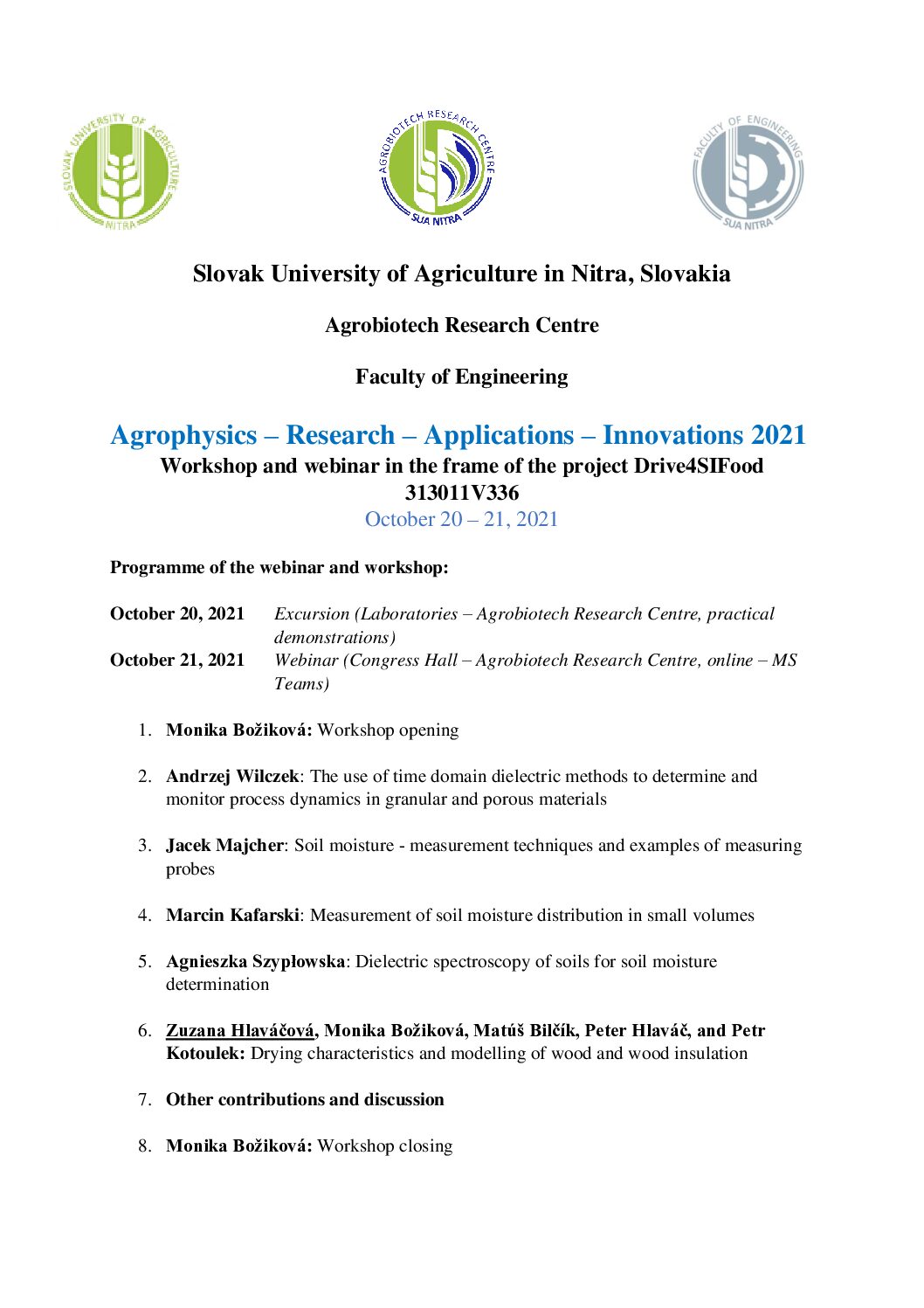 Program worshopu a webinara Agrophysics Research Applications Innovations 2021